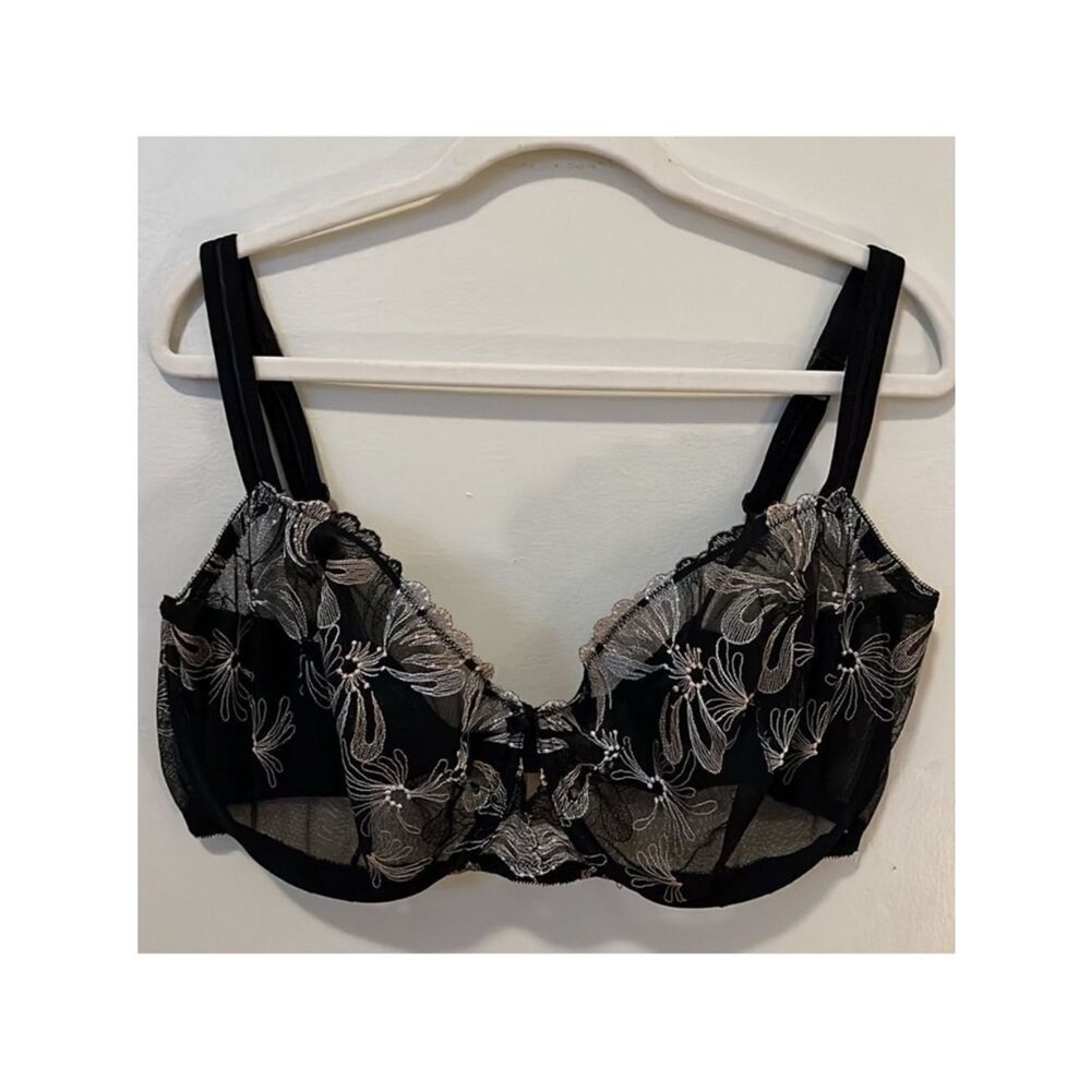 Paramour bra size 42H black mesh with peach and white floral lace